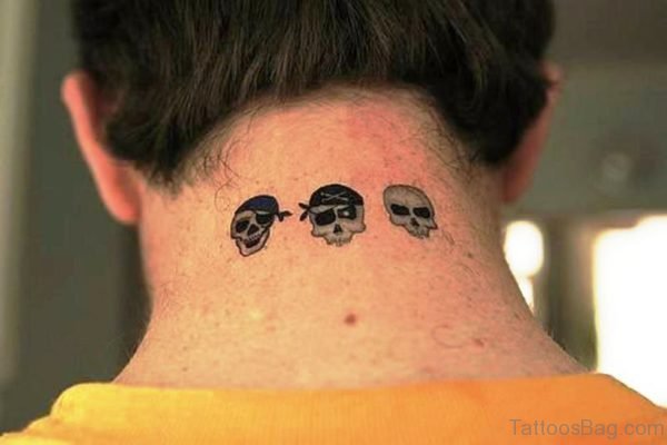 Three Small Black Skull Tattoo On Neck