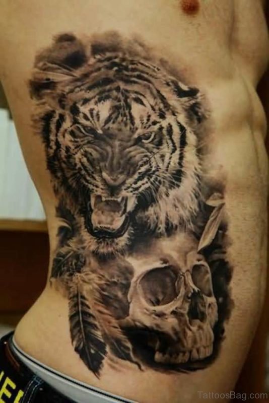 Tiger And Skull Tattoo On Rib