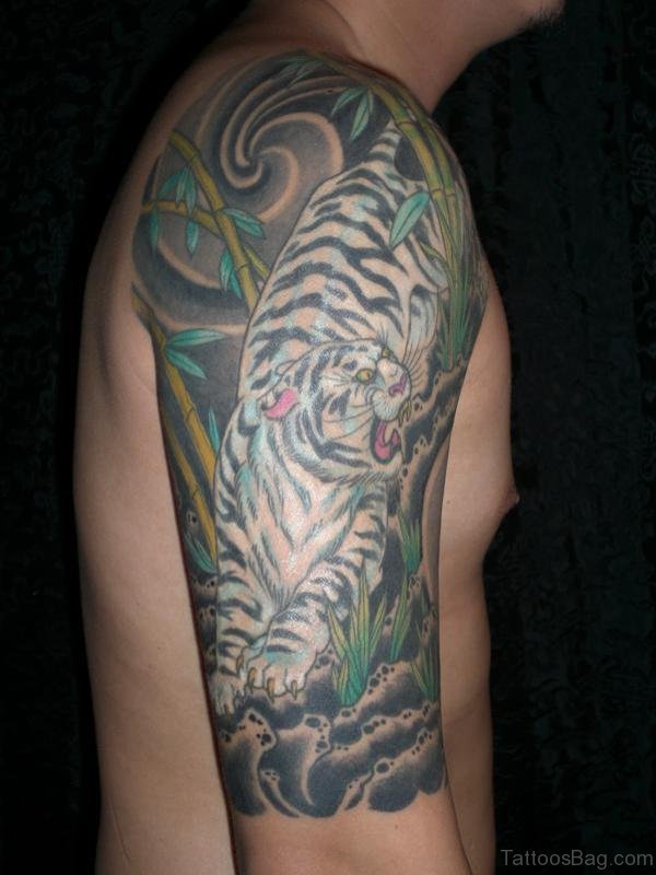 Tiger Shoulder Half Sleeves Tattoo Design