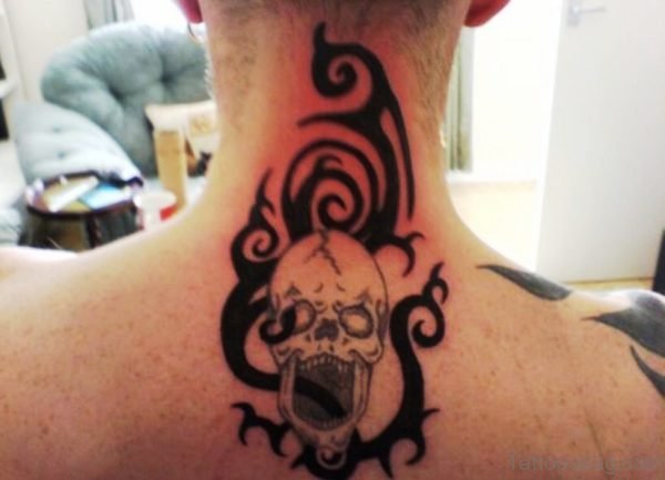 Tribal Skull Neck Tattoo