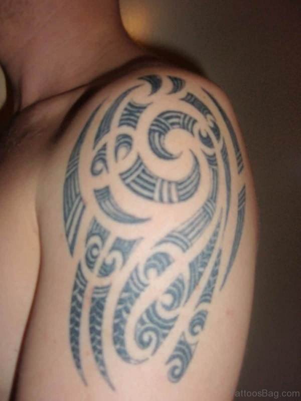 Tribal Tattoo On Left Shoulder