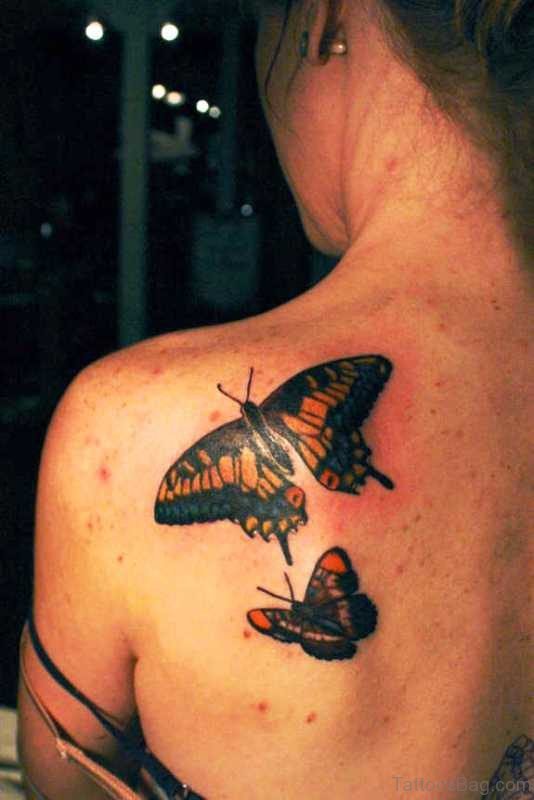 Two Black Butterflies Tattoo On Shoulder