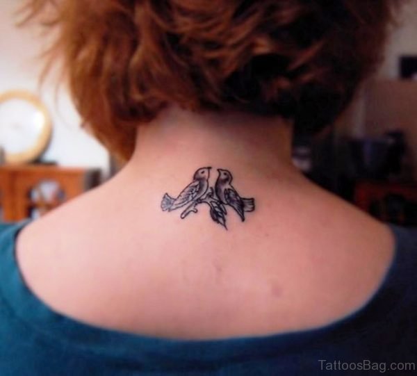 Two Cute Birds Tattoo On Neck