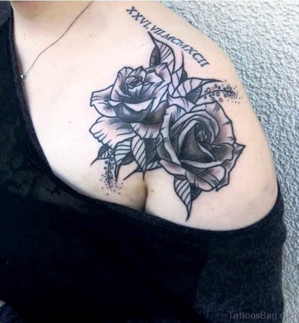 Two Grey Rose Flower Tattoo On Shoulder