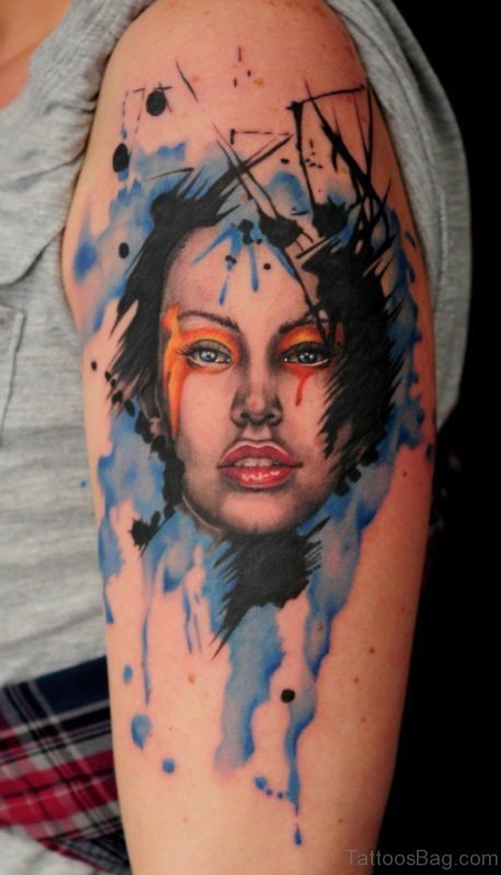 Watercolor Girl Portrait Tattoo ST1386