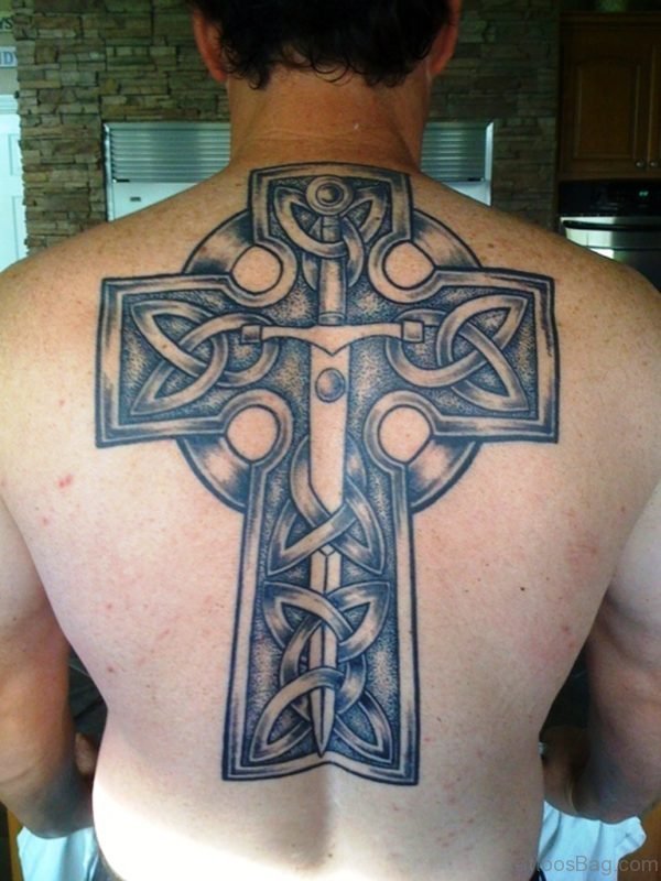 Winged Celtic Cross Tattoo On Back