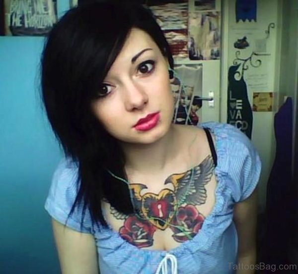 Winged Heart And Roses Chest Tattoo For Girls