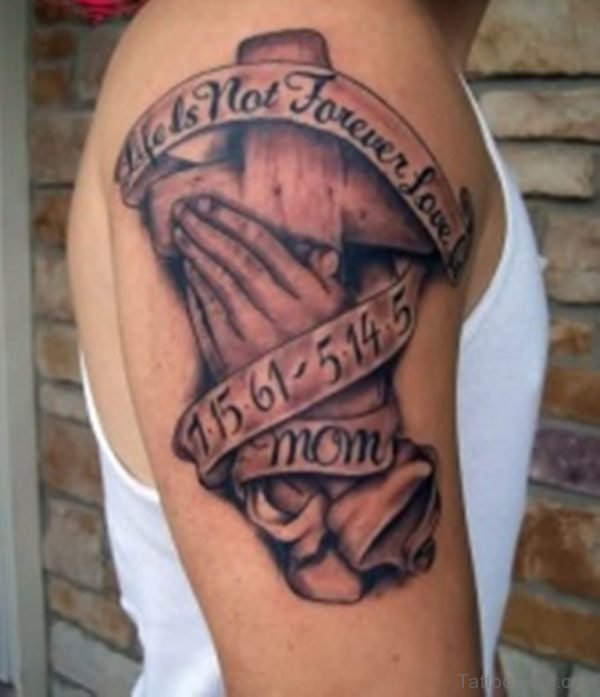 Wodden Cross And Praying Hands Tattoo