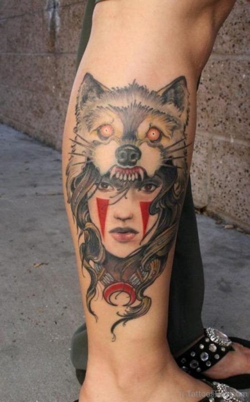 Wolf And Girl Face Tattoo