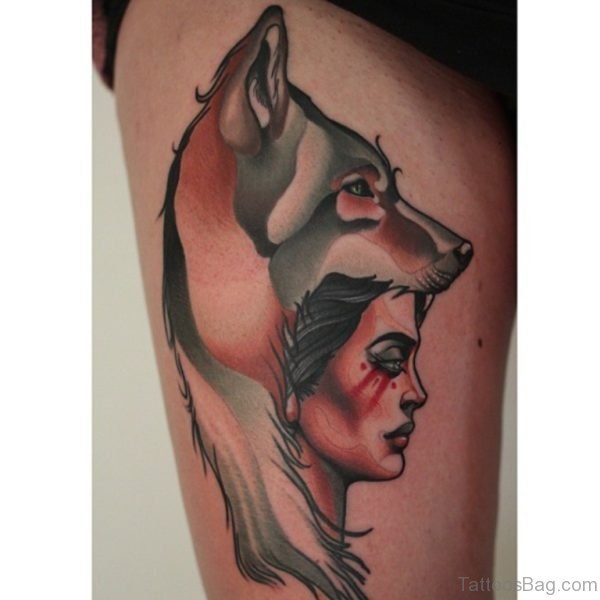 Wolf And Girl Portrait Tattoo