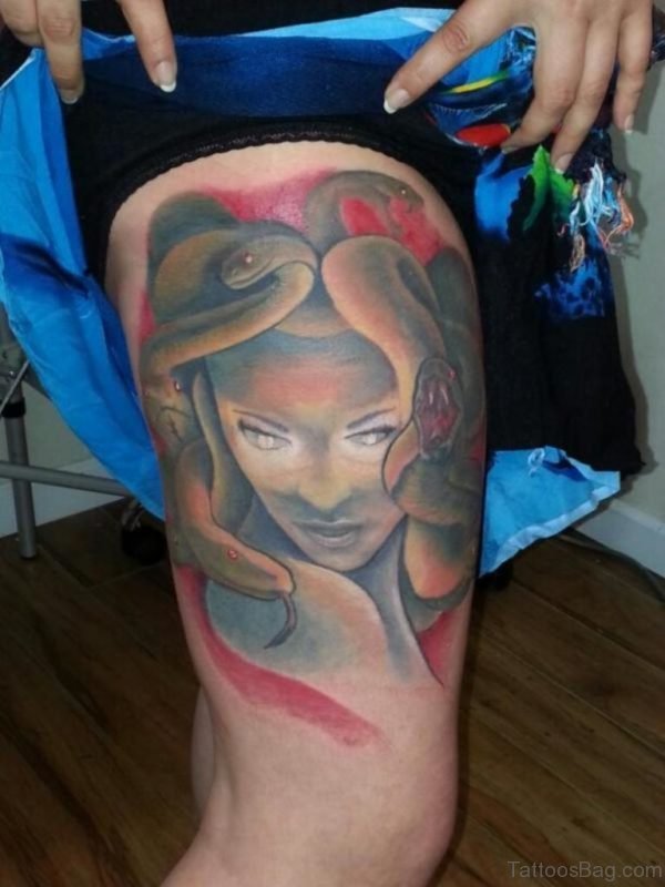 Wonderful Medusa Tattoo On Thigh