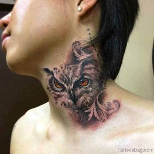 Wonderful Owl Tattoo On Neck
