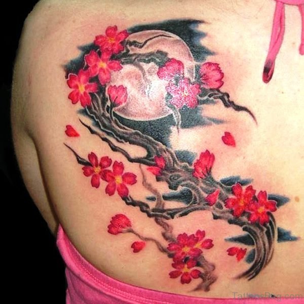 Wonderful Red Cherry Blossom Tree Tattoo 