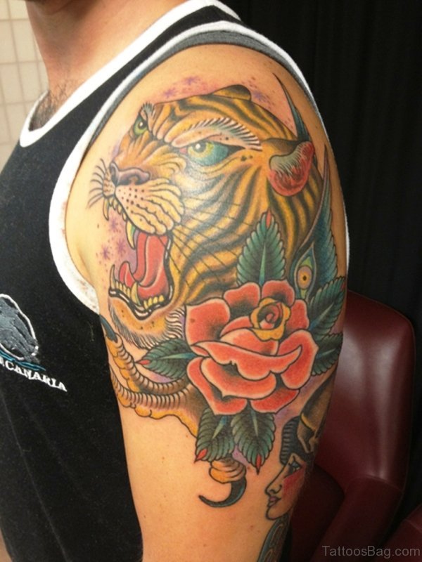 Wonderful Rose And Tiger Tattoo