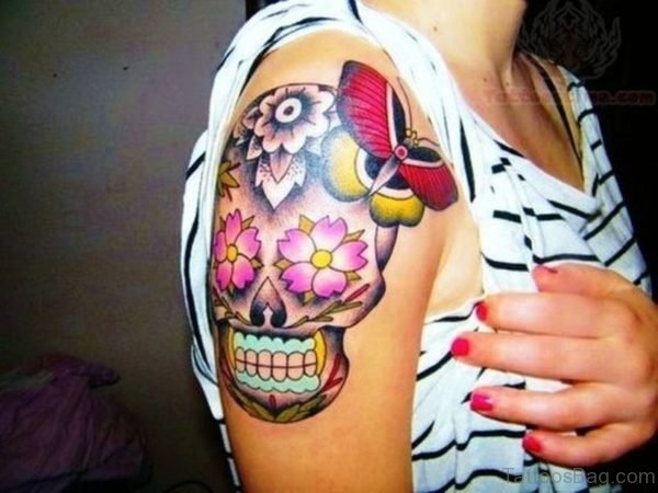 Wonderful Skull Tattoo On Right Shoulder 