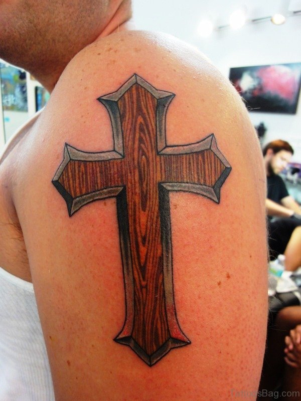 Wooden Cross Shoulder Tattoo 
