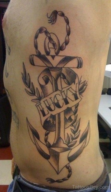 Word And Anchor Tattoo Design On Rib