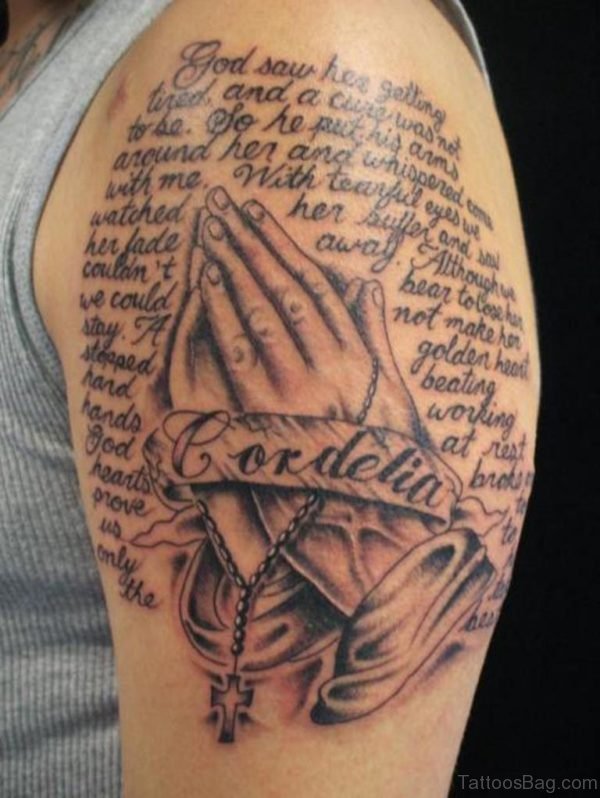 Wording And Praying Hands Tattoo 