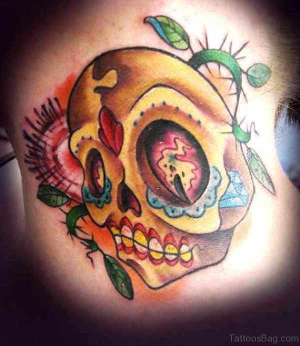 Yellow Skull Tattoo On Neck