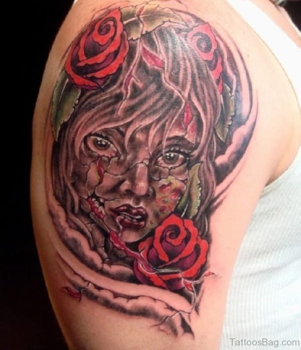 Zombie Girl Head With Red Roses Tattoo On Shoulder