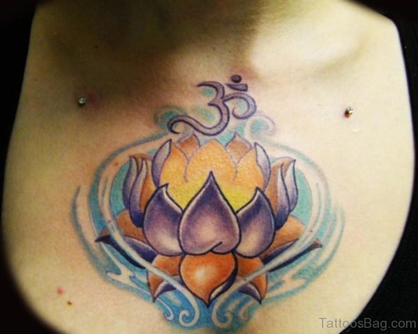 VReligious Om Symbol and Lotus Tattoo On Girl Chest