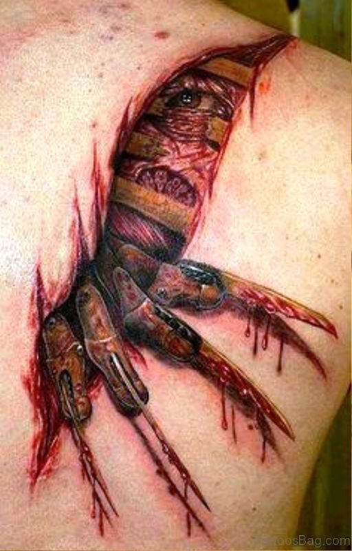 3D Monster Tattoo On Back Shoulder