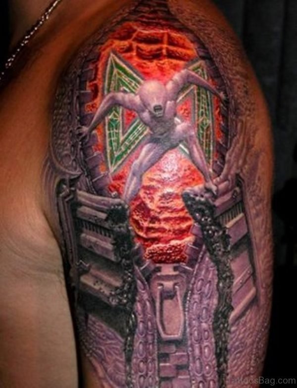 3D Red Colorful Alien Shoulder Tattoo