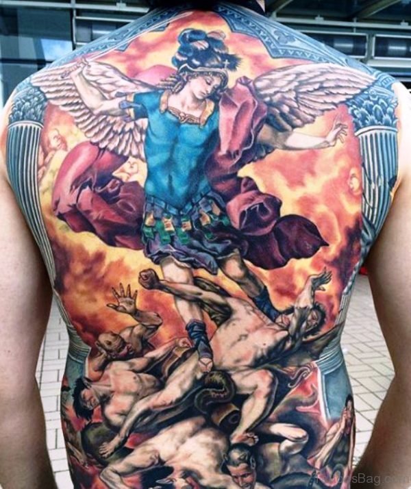 Adorable Colorful Archangel Tattoo On Back
