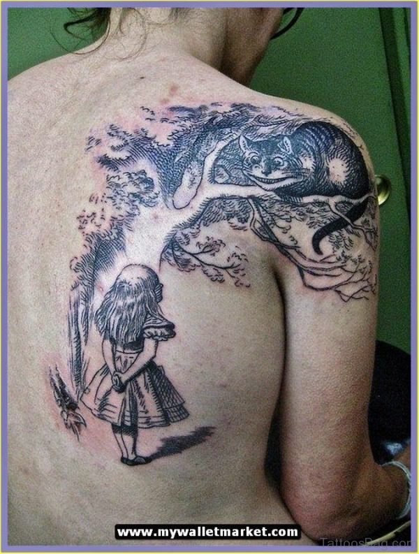 Alice In Wonderland With Cat Tattoo On Shoulder