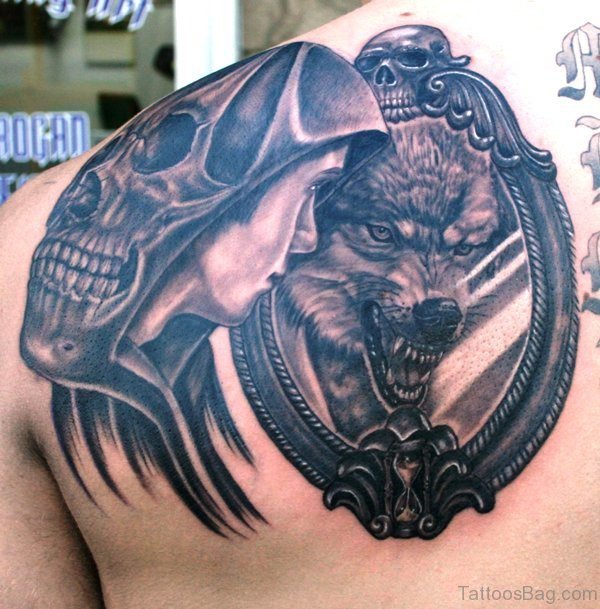 Alpha Wolf And Man Mirror Tattoo Design