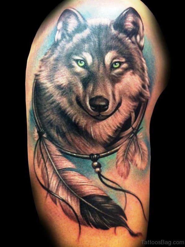 Alpha Wolf Tattoo With Feathers On Shoulder