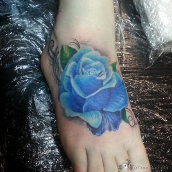 Amazing Blue Rose Foot Tattoo