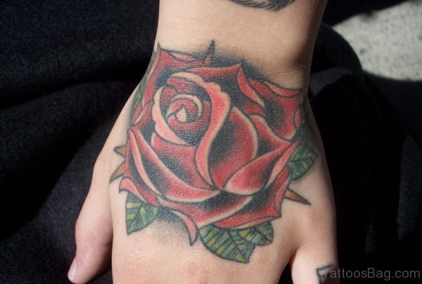 Amazing Red Flower Tattoo On Left Hand