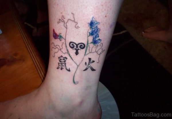 Amazing Tattoo Of Aries Zodiac Sign On Girl Ankle