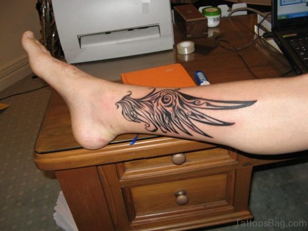 Awesome Grey Ink angel Wing Tattoo On Leg