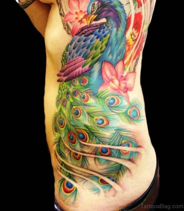 Awesome Peacock Tattoo On Rib 