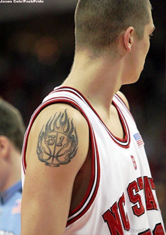 Basketball In Flame Tattoo On Shoulder