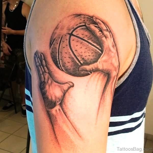 Basketball In Hands Tattoo On Shoulder