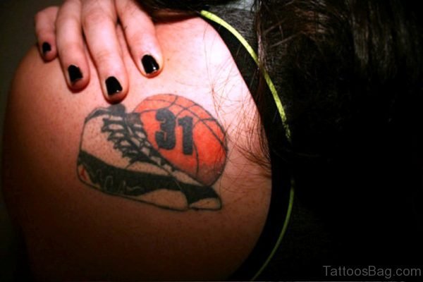 Basketball With Shoes Tattoo On Shoulder