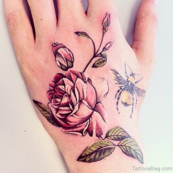 Bee And Flowers Tattoo On Hand