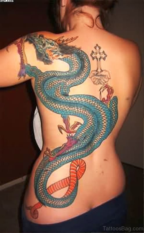 Big Blue Dragon Tattoo On Back