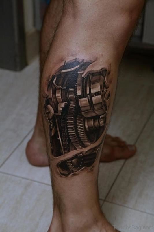 Bio Mechanical Tattoo On Leg Image