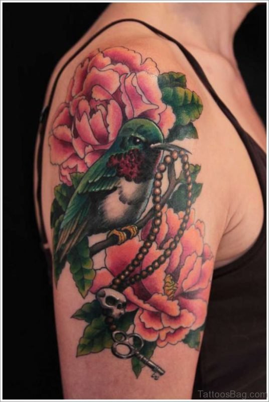Bird And Flower Tattoo On shoulder