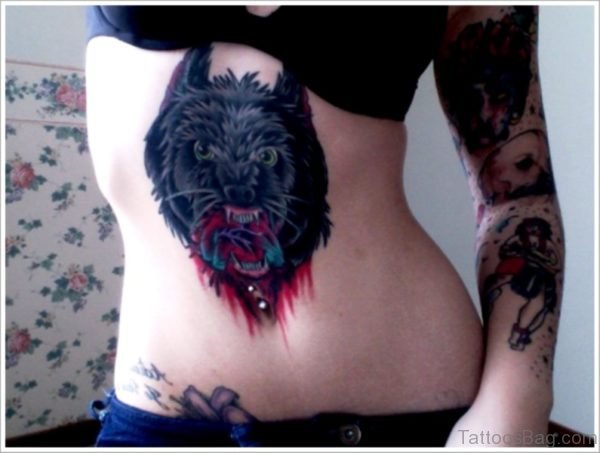 Black Alpha Wolf Tattoo On Stomach