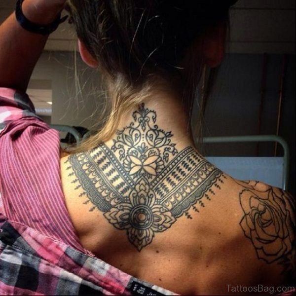 Black And Grey Mandala Tattoo On Neck