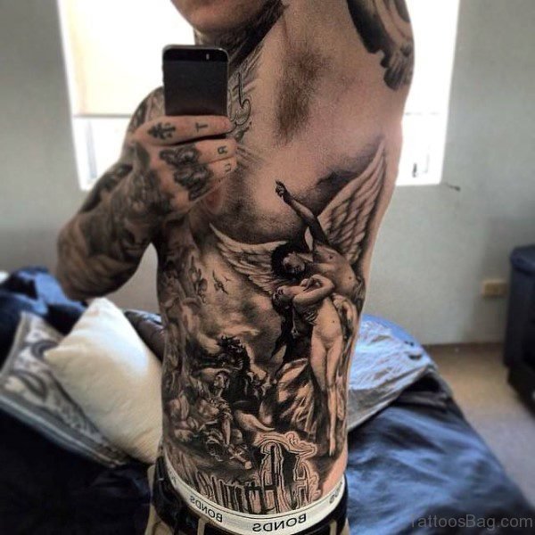 Black Angel Tattoo For Men On Rib