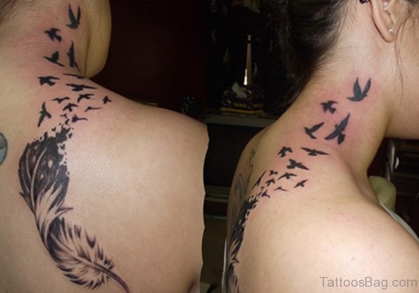 Black Birds And Feather Tattoo