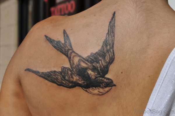 Black Flying Bird Shoulder Tattoo