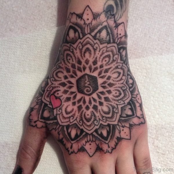 Black Ink Dotwork Flower Tattoo On Left Hand