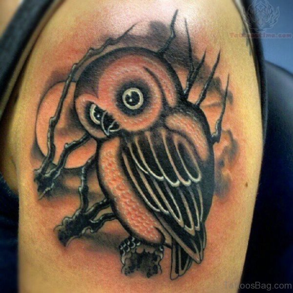 Black Ink Owl Shoulder Tattoo
